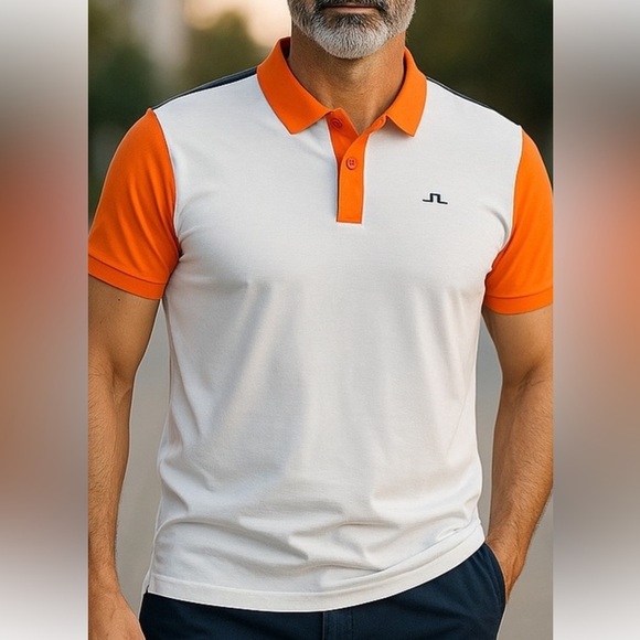 J.Lindeberg Other - J. LNDEBERG GOLF PERFORMANCE LUXURY WHITE & ORANGE CASUAL POLO SHIRT SZ LG